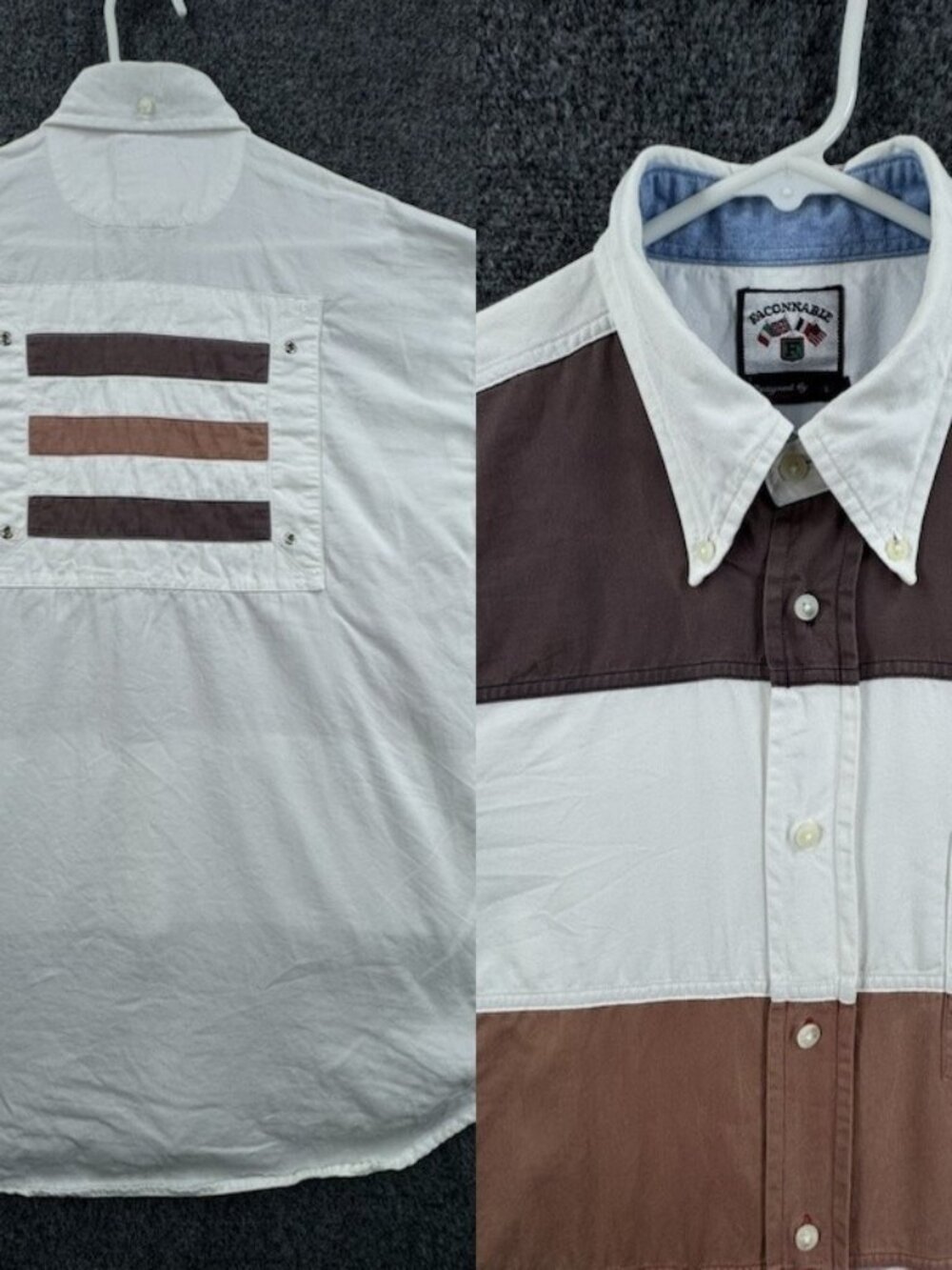 Faconnable Twill Large Button-Down Logo Mens White Brown Big Stripes Preppy